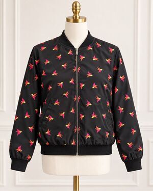 Bellatrix Womens Hummingbird Print Bomber Jacket Black Zip Up Size Medium